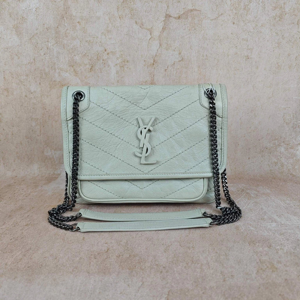 YSL Niki Small White Wax Leather Shoulder Crossbody Bag For Women