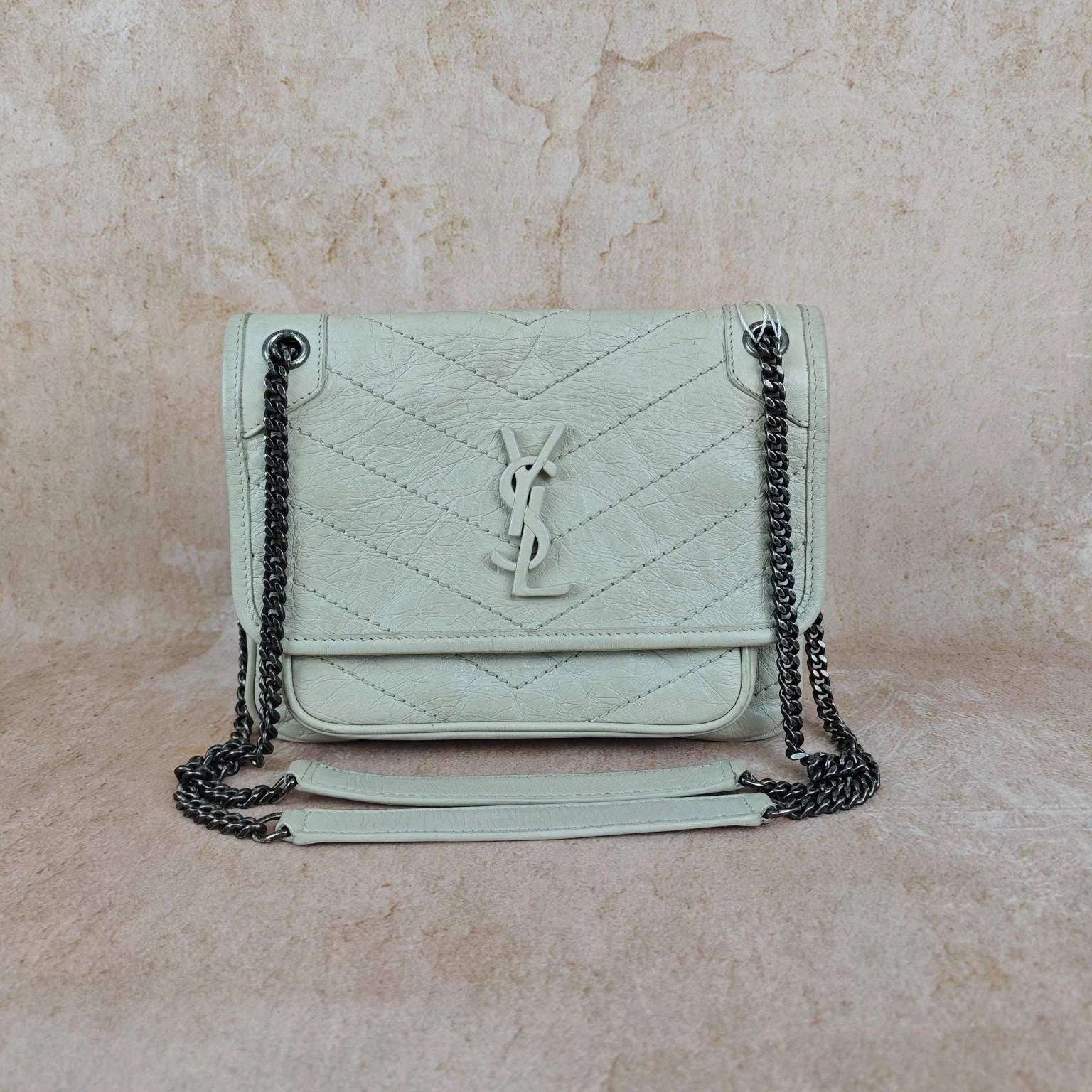 YSL Niki Small White Wax Leather Shoulder Crossbody Bag For Women