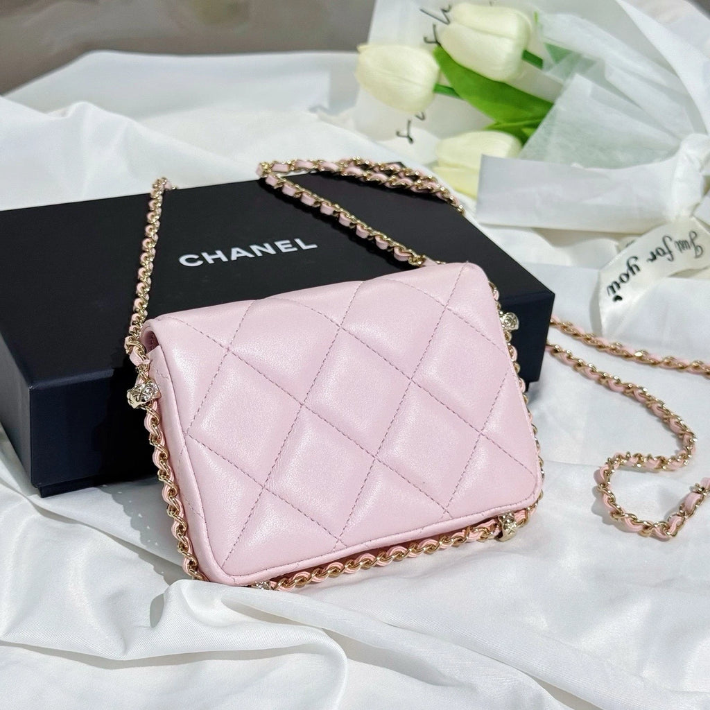 CHANEL Pink Leather Mini Chain Crossbody Bag For Women