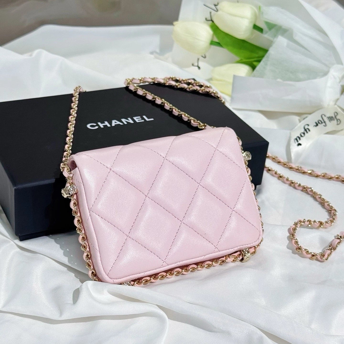 CHANEL Pink Leather Mini Chain Crossbody Bag For Women