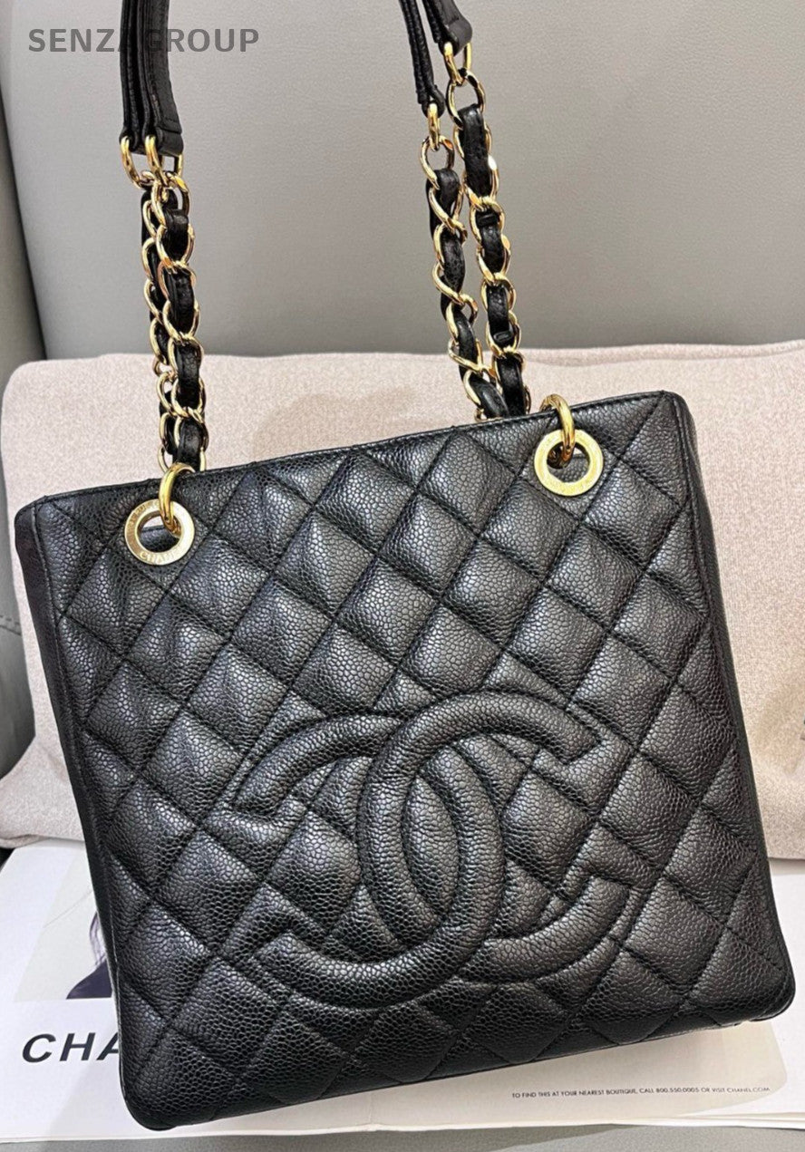 Chanel PST Chain Shoulder Bag Black Gold Used Women Classic Diamond Designer