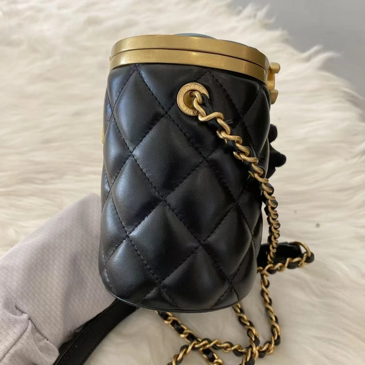 Chanel Classic Black Gold Quilted Cylinder Chain Shoulder Bag