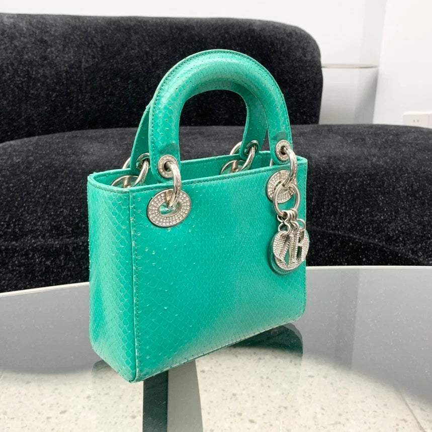 Christian Dior Lady Dior 2Way Top Handle Bag Crossbody Green Silver Women S