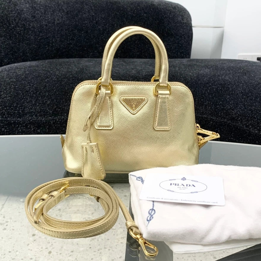 Prada Promenade Mini Calfskin Top Handle Bag Crossbody Gold Women Classic S