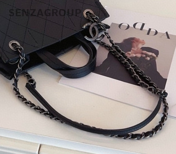 Chanel Diamond PM Tote Calfskin Top Handle Bag Chain Shoulder Bag Black Women