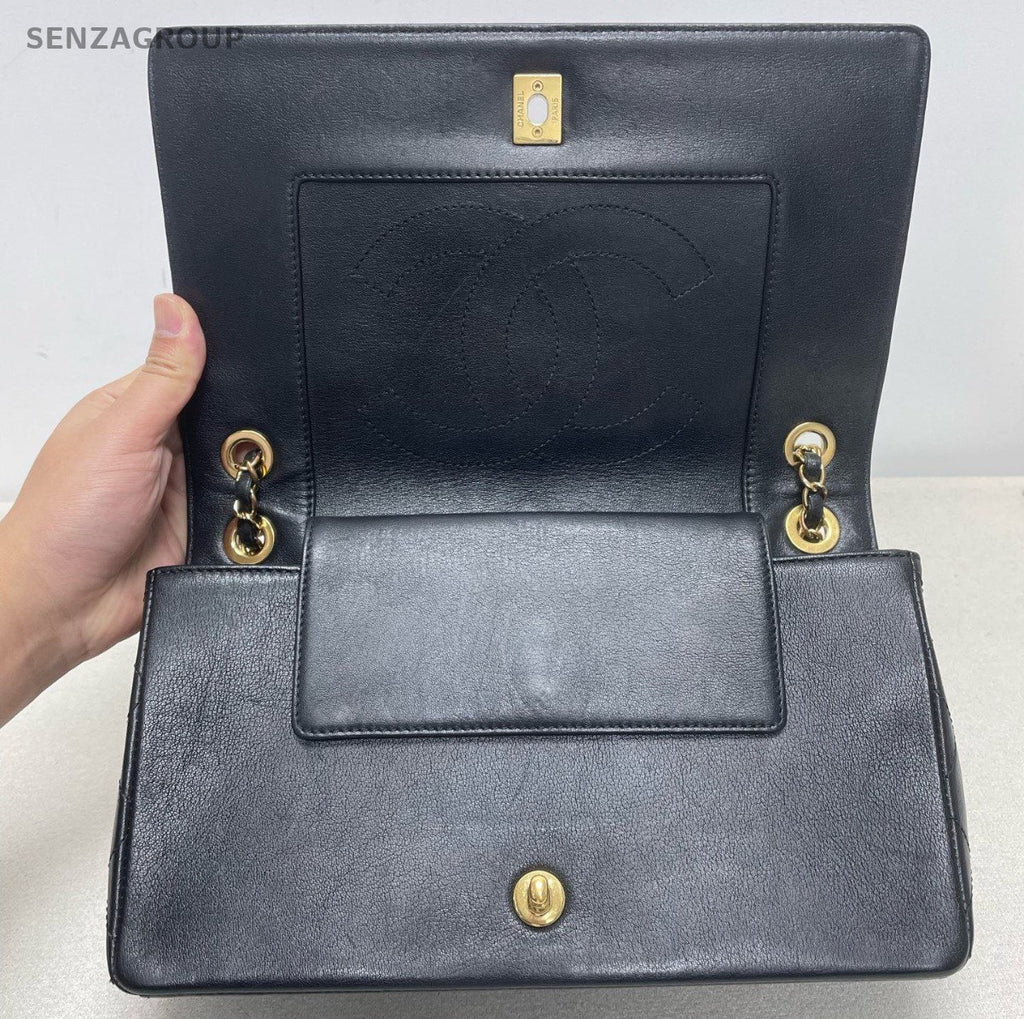 Chanel Classic Flap GM Chain Shoulder Bag Black Gold Women Fashion