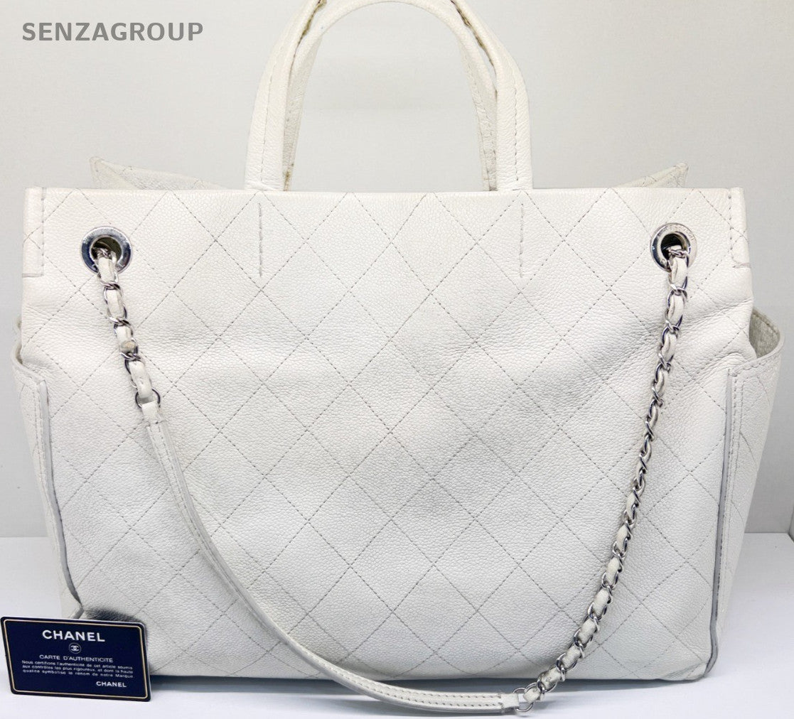 Chanel Diamond Pattern GM Chain Tote Bag Shoulder Bag White Silver Women Classic