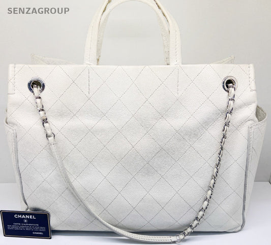 Chanel Diamond Pattern GM Chain Tote Bag Shoulder Bag White Silver Women Classic