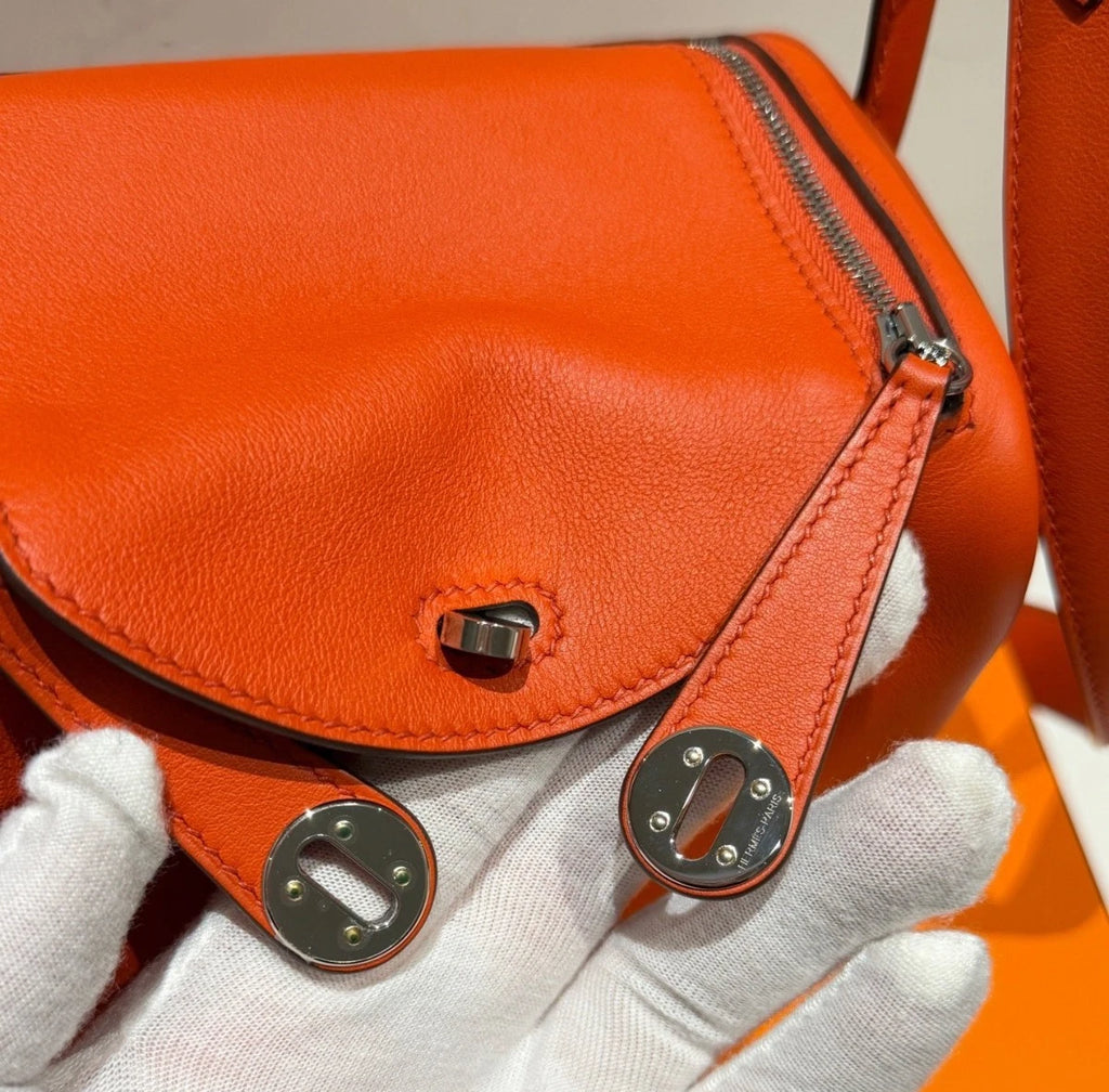 Hermes Lindy Mini Top Handle Shoulder Bag Orange Silver Women Classic Fashion