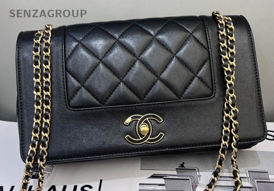 Chanel Classic Flap Calfskin Chain Shoulder Black Gold Diamond Women Designer