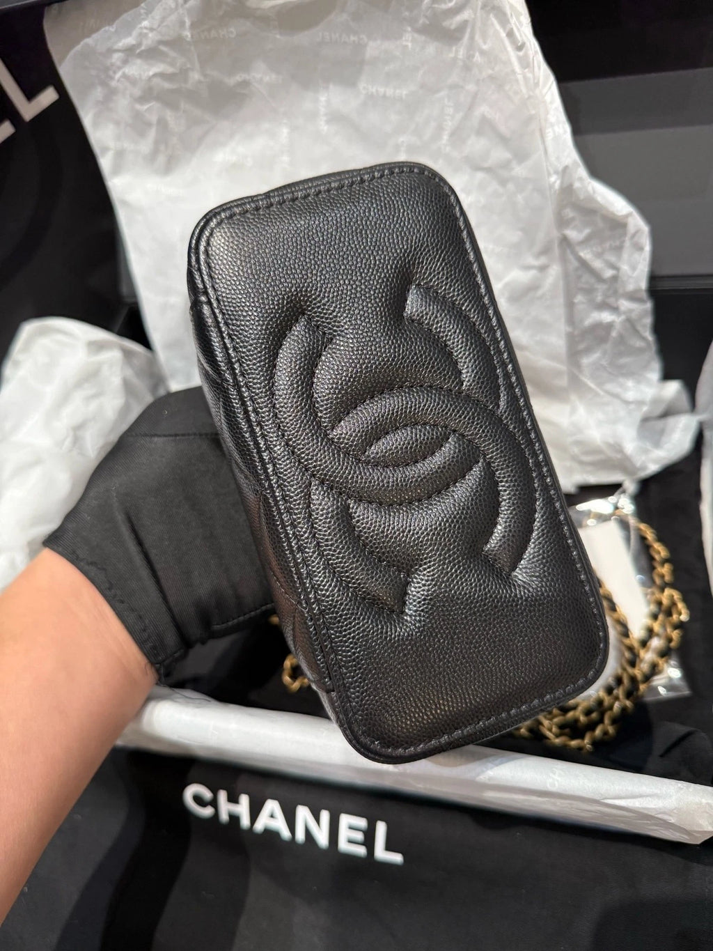CHANEL Black Gold Caviar Calfskin Top Handle Box Bag For Women