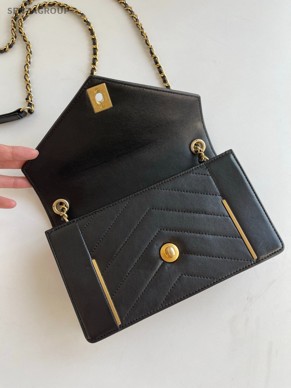 CHANEL V-shaped pattern Calfskin Chain Shoulder bag Black Gold Women