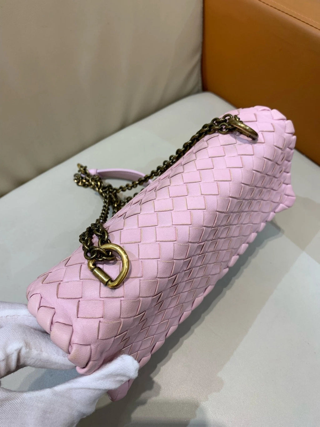 Bottega Veneta Small Olympia Pink Woven Lambskin Shoulder Crossbody Women