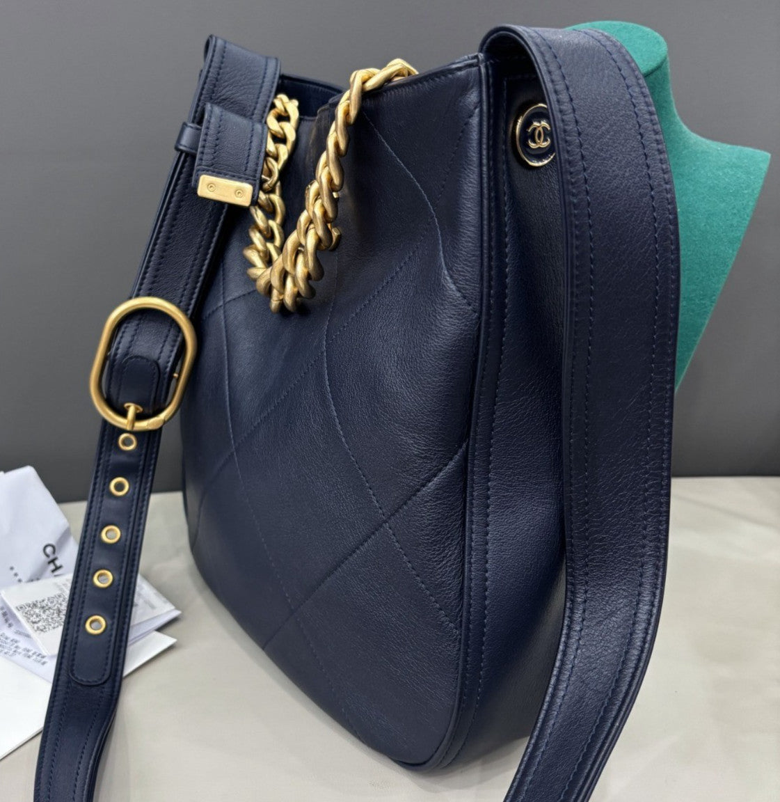 Chanel Calfskin Hobo Chain Shoulder Bag Crossbody Blue Gold Women Classic