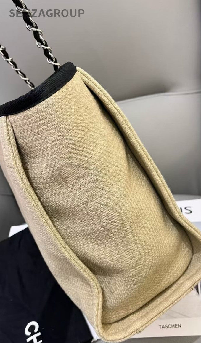 CHANEL Beach Tote Canvas Shoulder Bag Women Beige