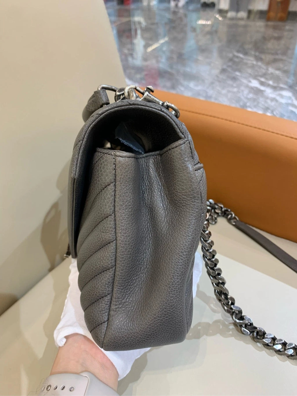 Saint Laurent Gray Leather Small Chain Messenger Bag For Women