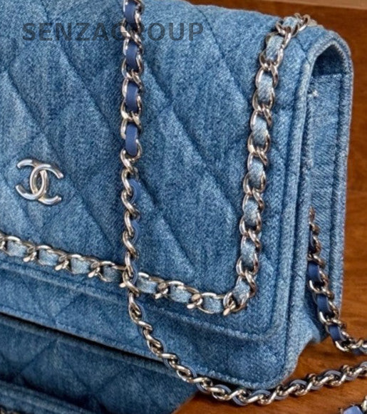 Chanel WOC Chain Shoulder Bag Crossbody Blue Silver Used Women Classic