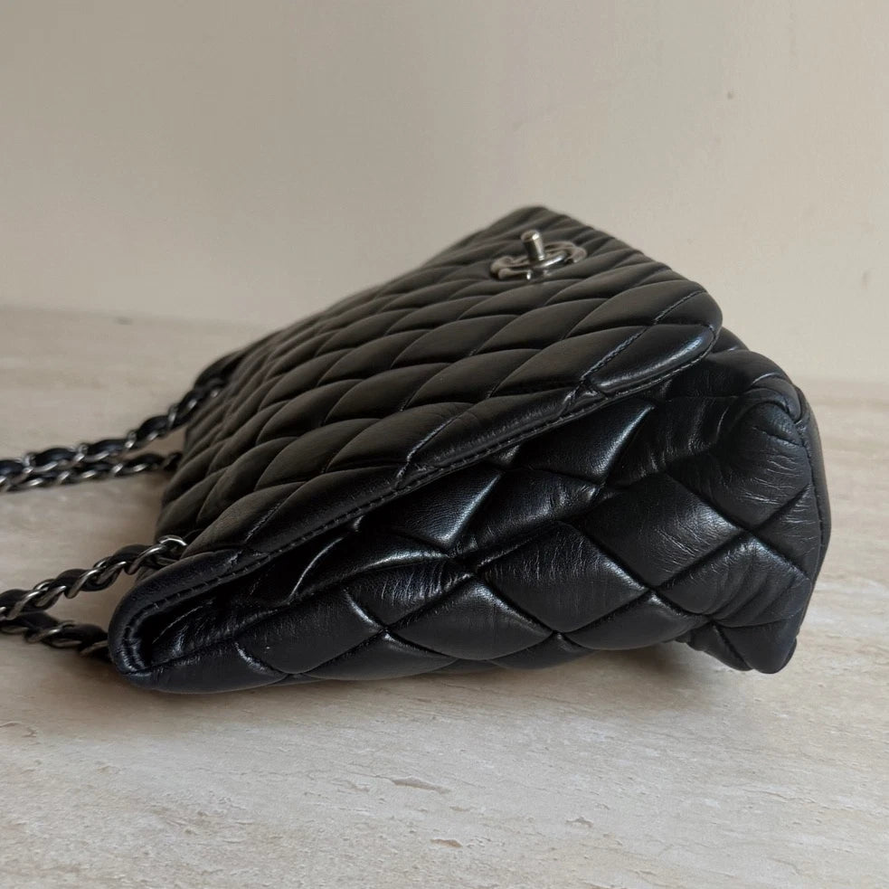 Chanel Classic Flap Puff Diamond Silver Chain Black Shoulder Bag Turn Lock