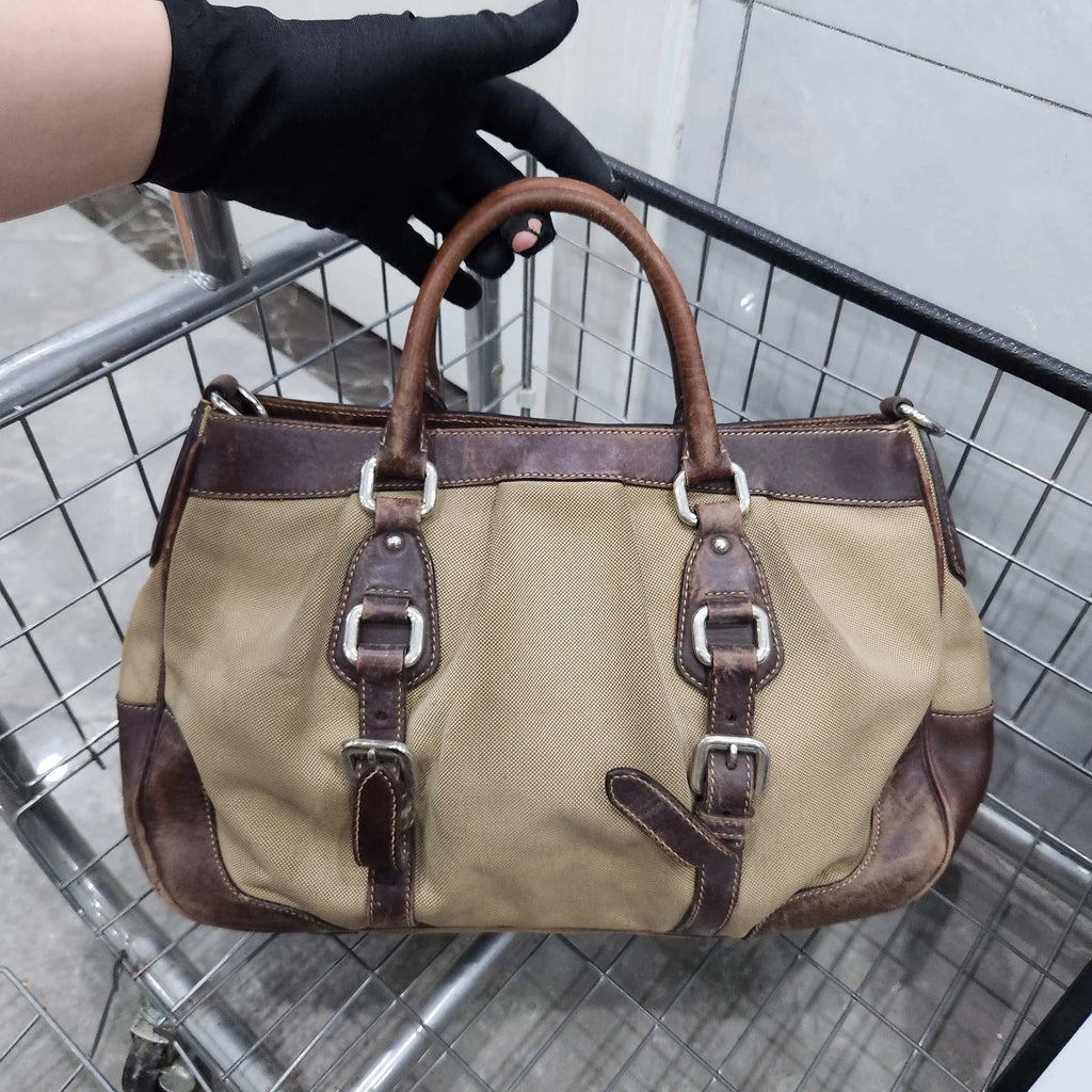 Prada Canvas Colorblock Strap Tote Handbag For Women
