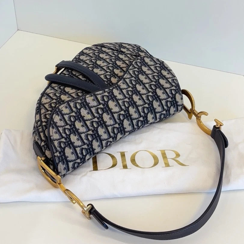 Christian Dior Monogram MM Shoulder Bag Blue Gold Hardware Women