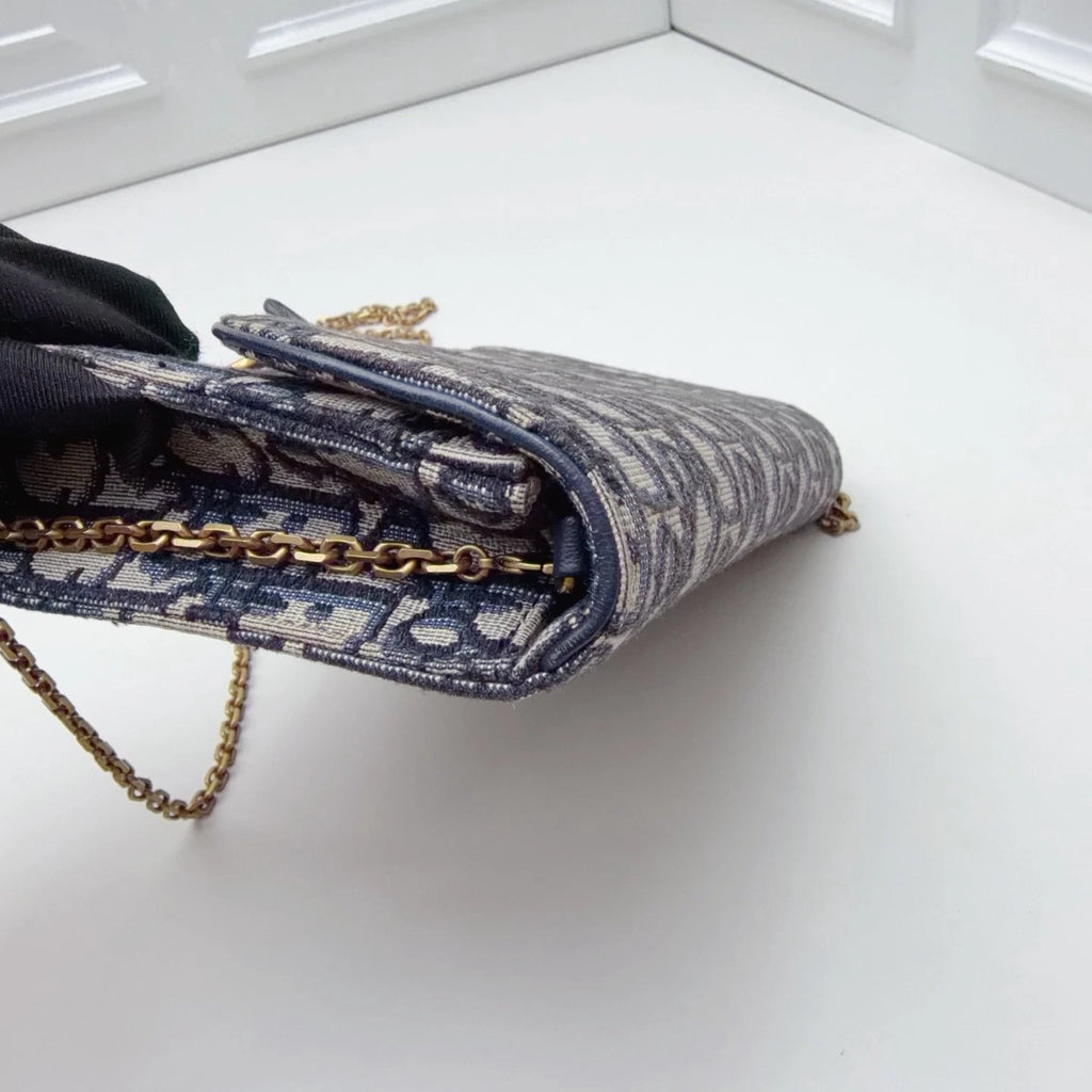 Christian Dior Oblique Canvas WOC Gold Chain Navy Shoulder Bag Crossbody