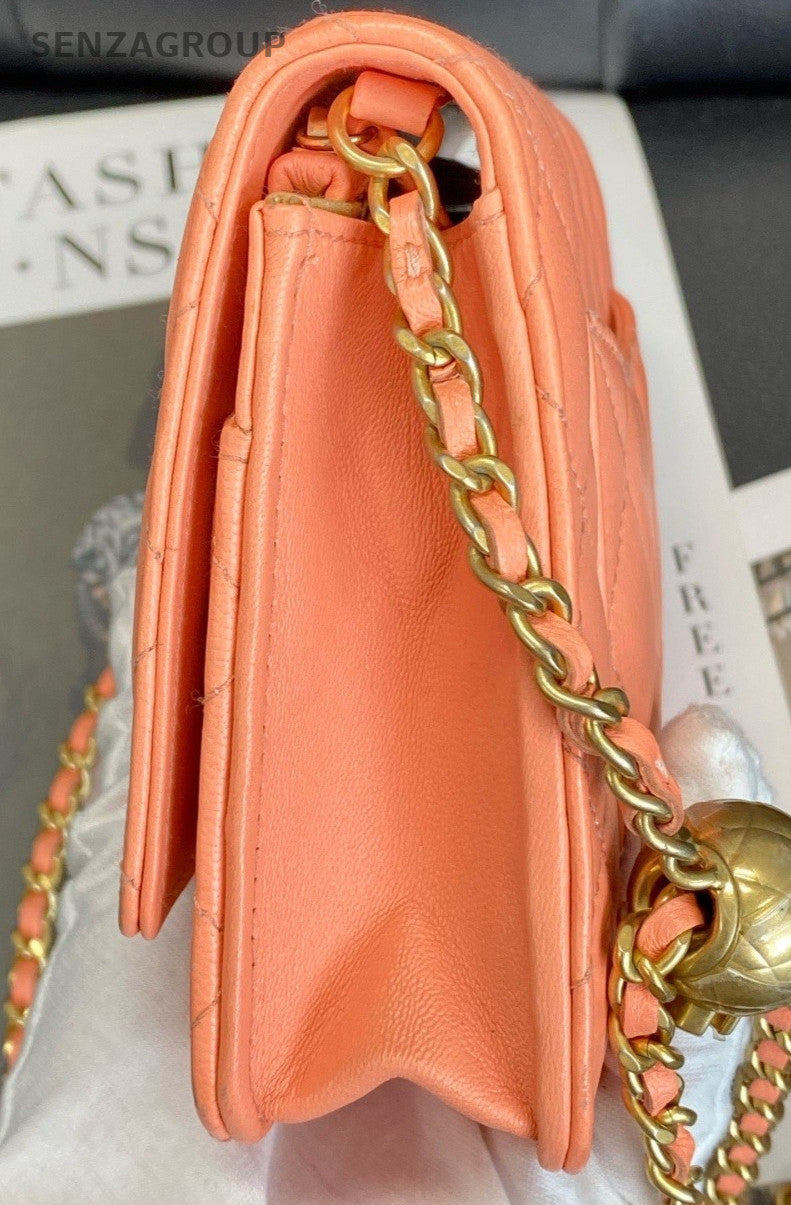 CHANEL WOC Diamon Pattern Chain Shoulder Bag Crossbody Orange Gold Women Classic