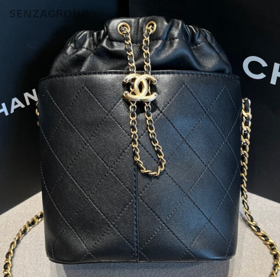Chanel Easy Mood MM Bucket Chain Shoulder Bag Crossbody Black Gold Women Classic