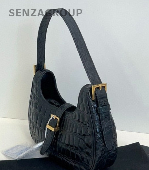 YSL Saint Laurent Croc-Embossed Hobo Shoulder Pea Bag Black Women