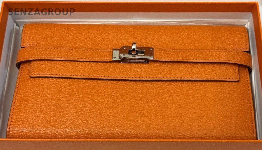 Hermes Kelly Long Wallet 2Way Shoulder Bag Crossbody Orange Gold Women Classic