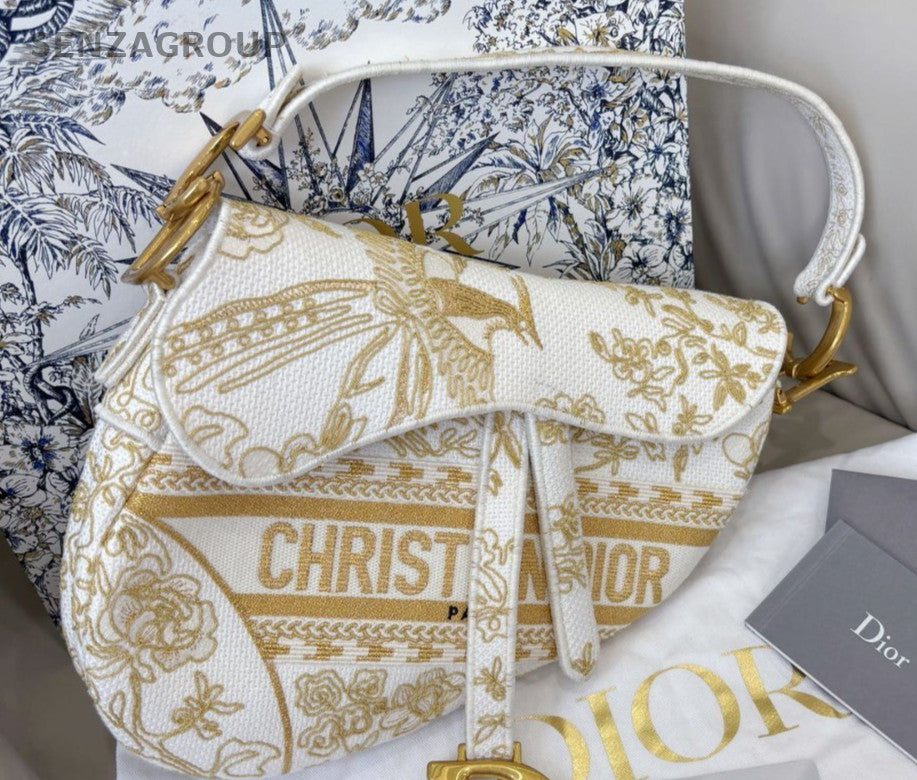 Christian Dior D-Horse Shoe MM Embroidered Shoulder Bag Gold Almost Brand New