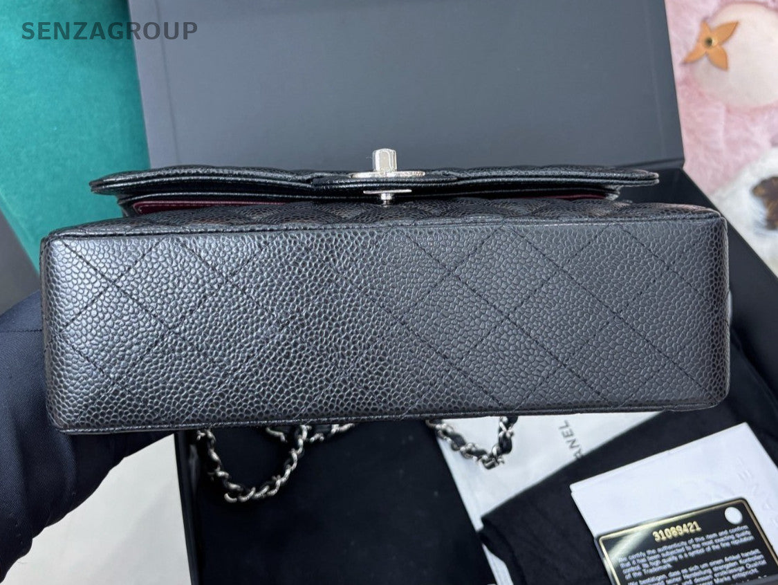 Chanel Classic Flap PM Calfskin Chain Shoulder Bag Black Silver Women Fashion