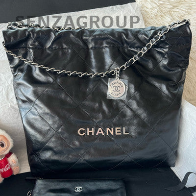 Chanel 22 Bag Black Silver Medium Calfskin Chain Shoulder Crossbody Bag