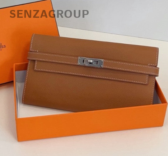 Hermes kelly Epsom Leather long Wallet Crossbody Brown Silver Women