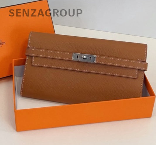 Hermes kelly Epsom Leather long Wallet Crossbody Brown Silver Women