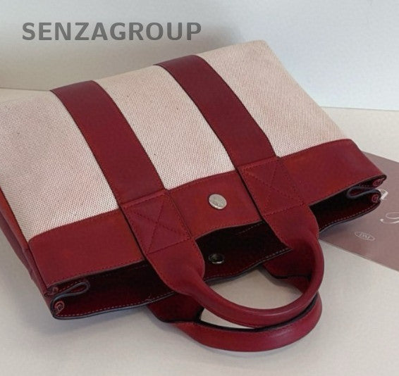 Hermes Canvas Vintage Tote Top Handle Bag Red Silver Women Classic