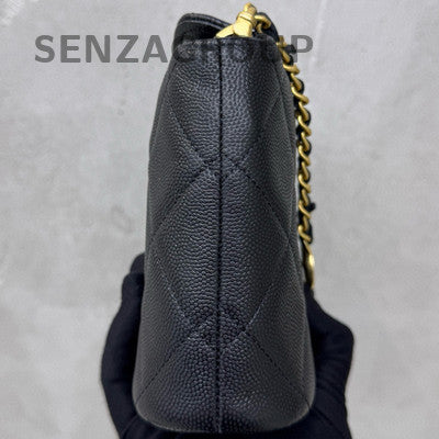Chanel 24A Black Gold Badge Chain Shoulder Crossbody Bag Quilted Classic