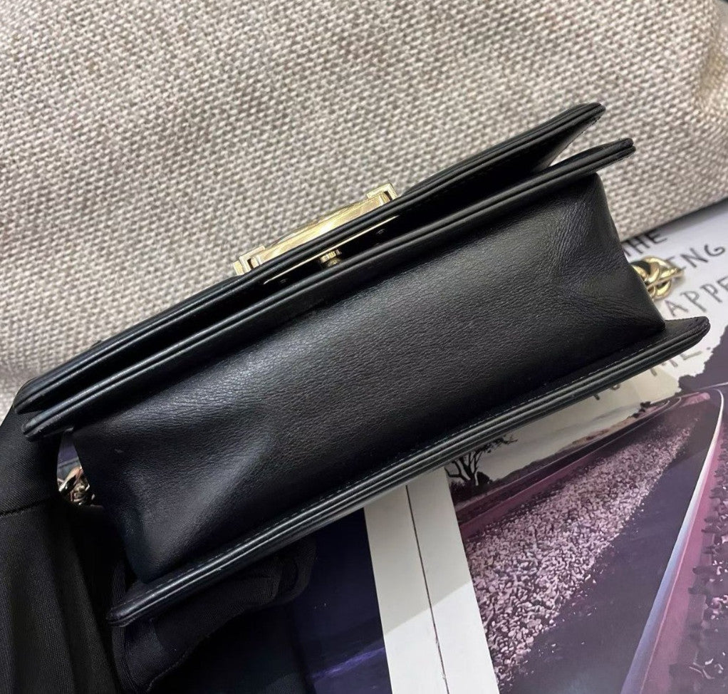 Chanel Leboy PM Chain Calfskin Shoulder Bag Crossbody Black Gold Women Classic