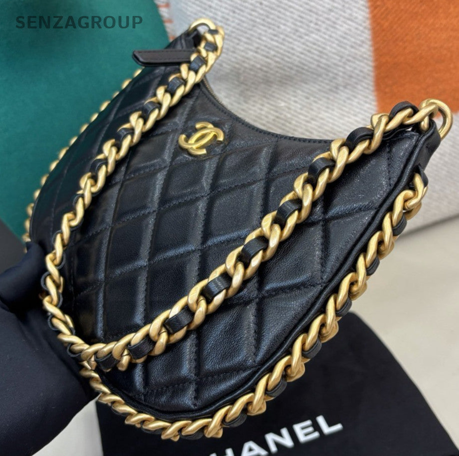 Chanel 23B Hobo Chain Shoulder Bag Diamond Black Gold Women Classic Fashion