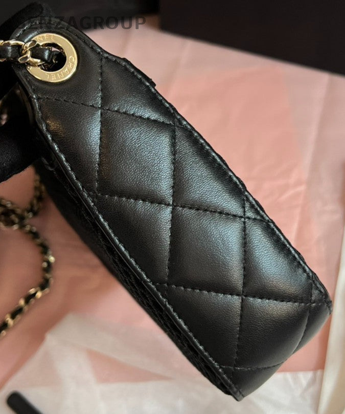 Chanel 25S Chain Lacework Shoulder Bag Black Gold Used Women Classic Designer