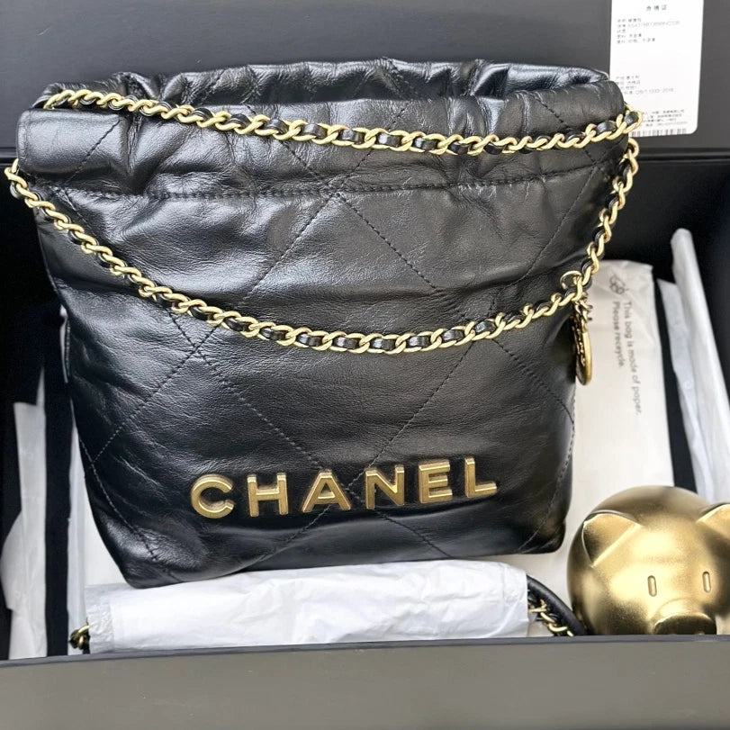 Chanel 22Bag Mini Chain Calfskin Shoulder Bag Black Gold Hardware Women S