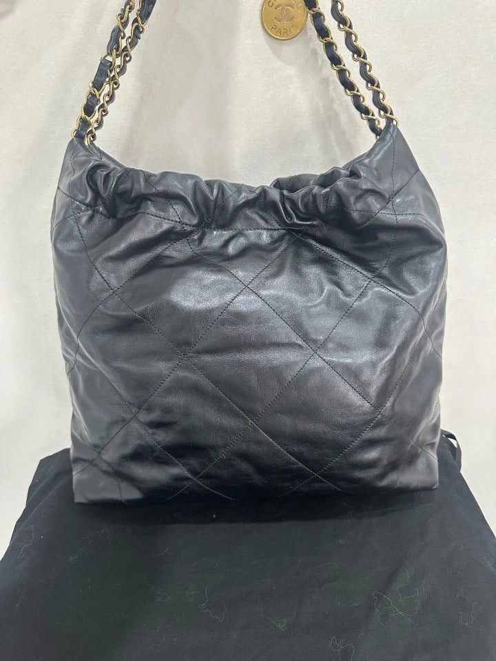 Authentic CHANEL Black Gold Medium 22Bag Tote For Women