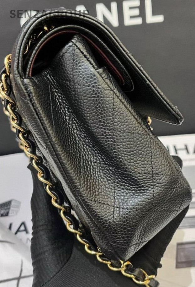 Chanel Classic Flap MM Calfskin Diamond Chain Shoulder Bag Black Gold Women