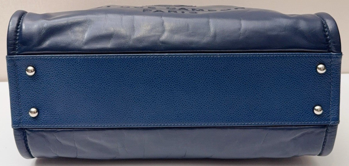 Chanel Cambon Calfskin Chain Shoulder Bag Blue Silver Used Women Classic