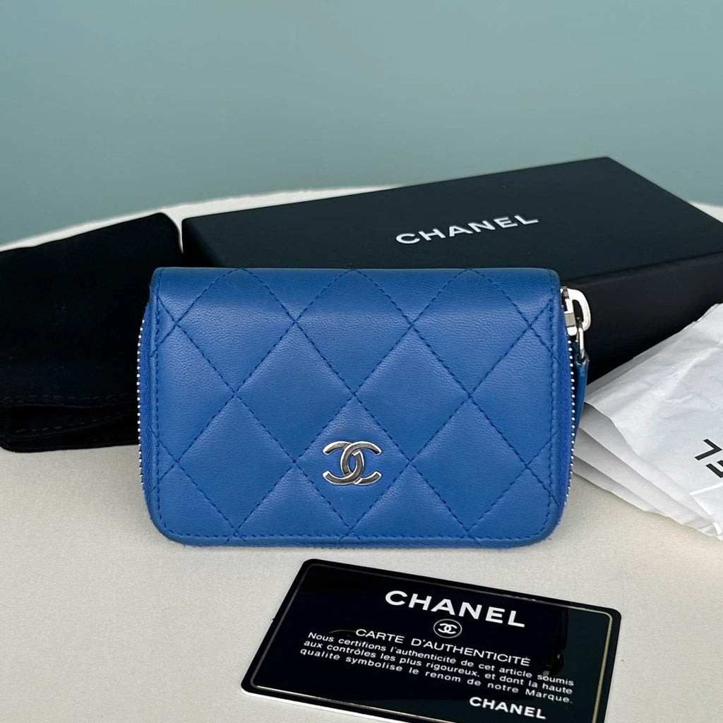 Chanel Diamond Lambskin Card Wallet Blue Silver Used Women Classic