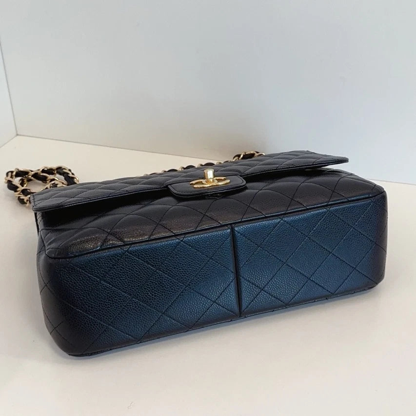 Chanel Classic Flap Jumbo Chain Shoulder Crossbody Black Gold Women Diamond