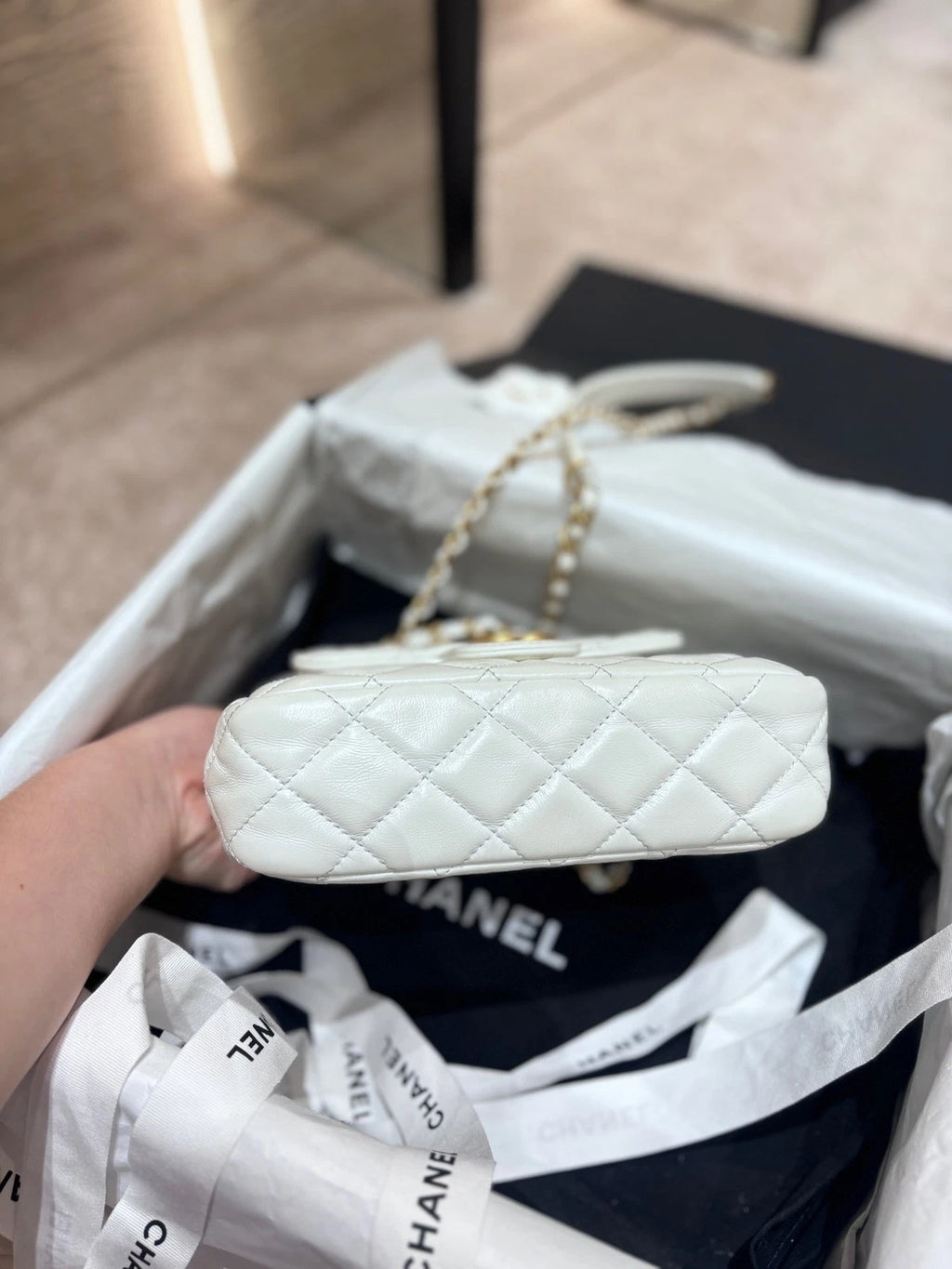 CHANEL White Oil Wax Leather Small Handbag For Women