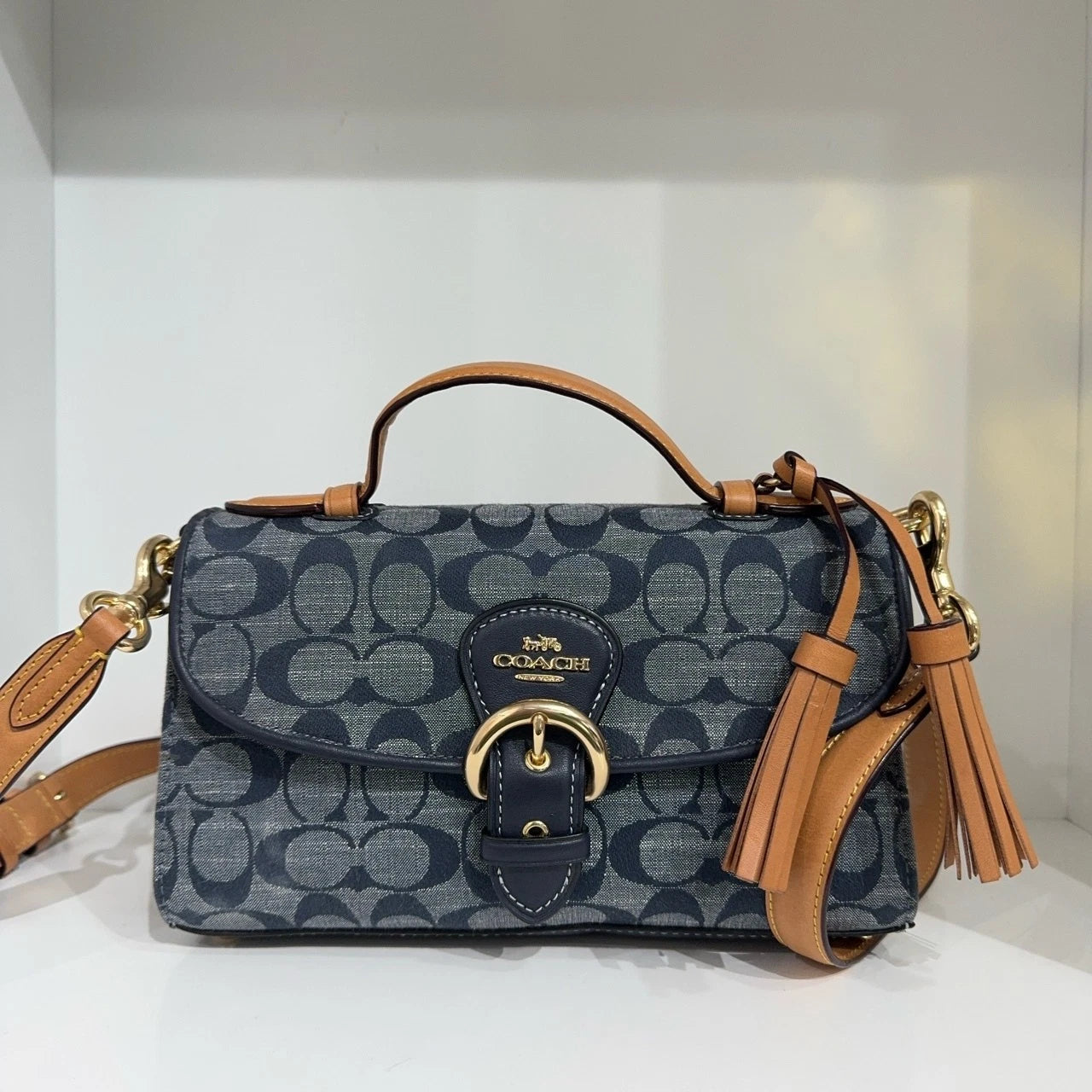 Coach Women's Denim Blue Logo Print Flap Shoulder Crossbody Handbag Medium