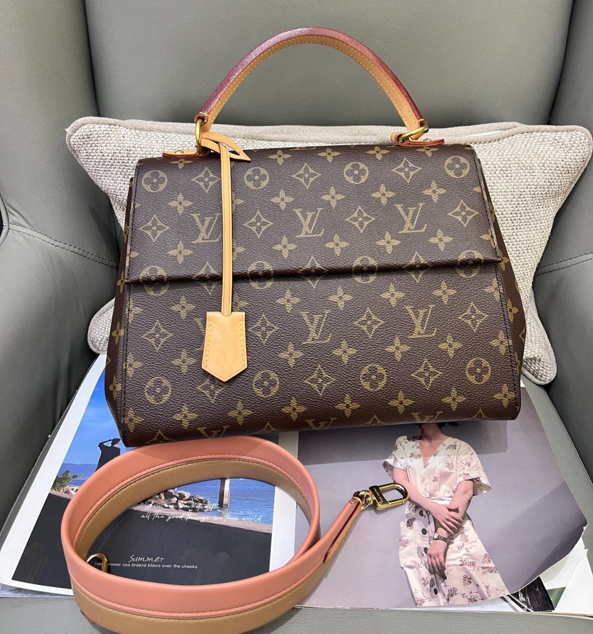 Louis Vuitton Cluny MM Monogram Top Handle Crossbody Brown Gold Women Classic