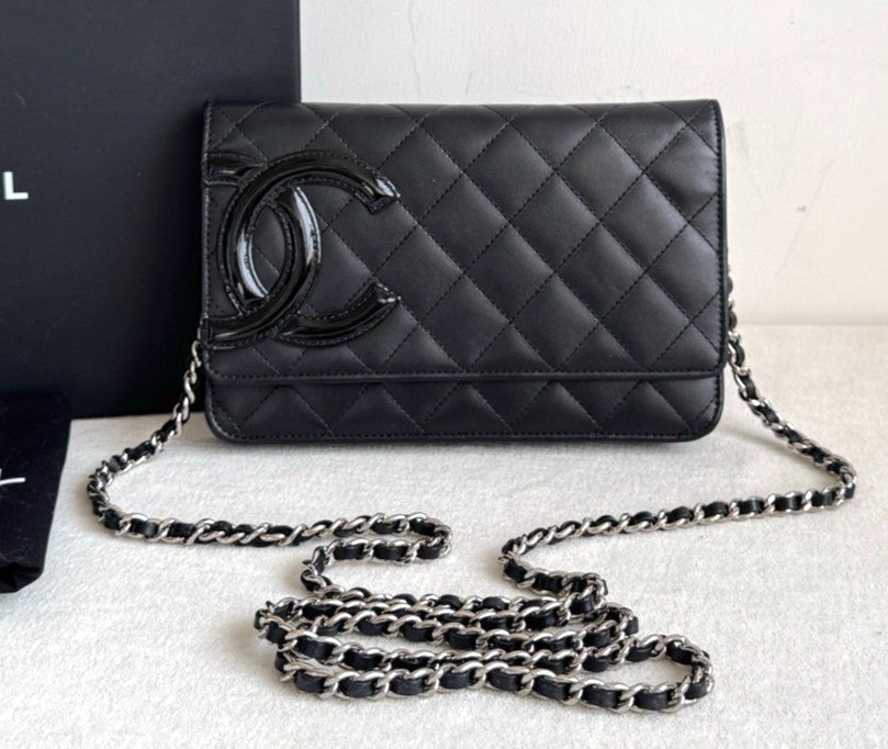 Chanel Cambon WOC Chain Shoulder Bag Crossbody Black Silver Women Classic