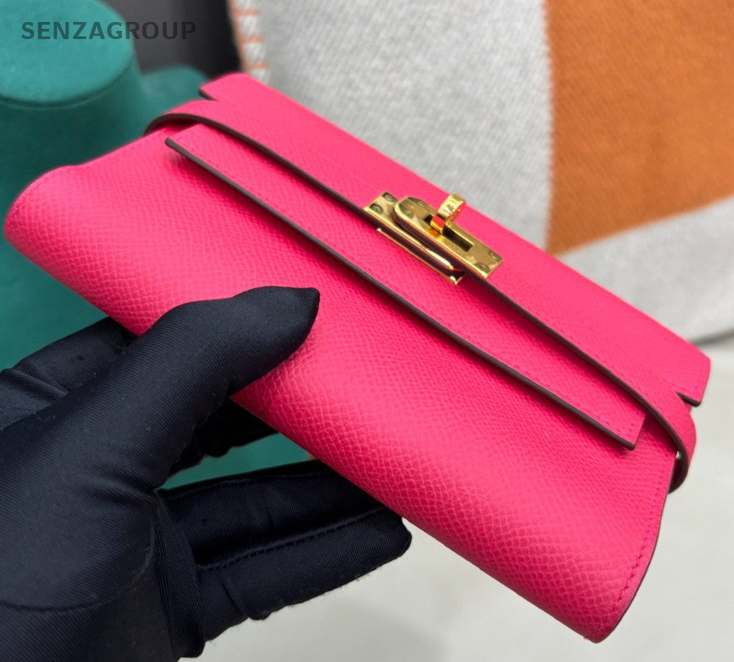 Hermes Kelly Epsom Leather Wallet Clutch Pink Gold Women Classic Fashion